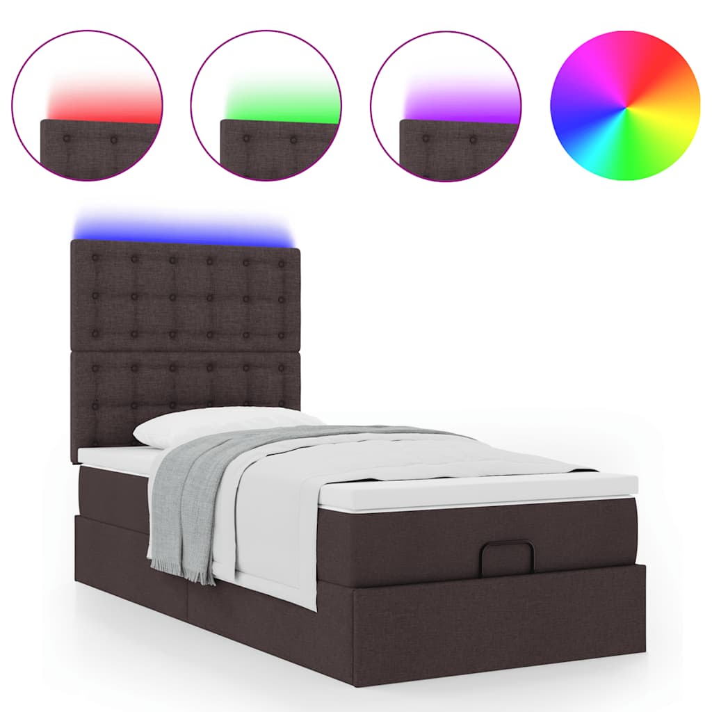 vidaXL Οθωμανικό κρεβάτι με στρώμα & LEDs Σκούρο καφέ 90x200 cm Ύφασμα