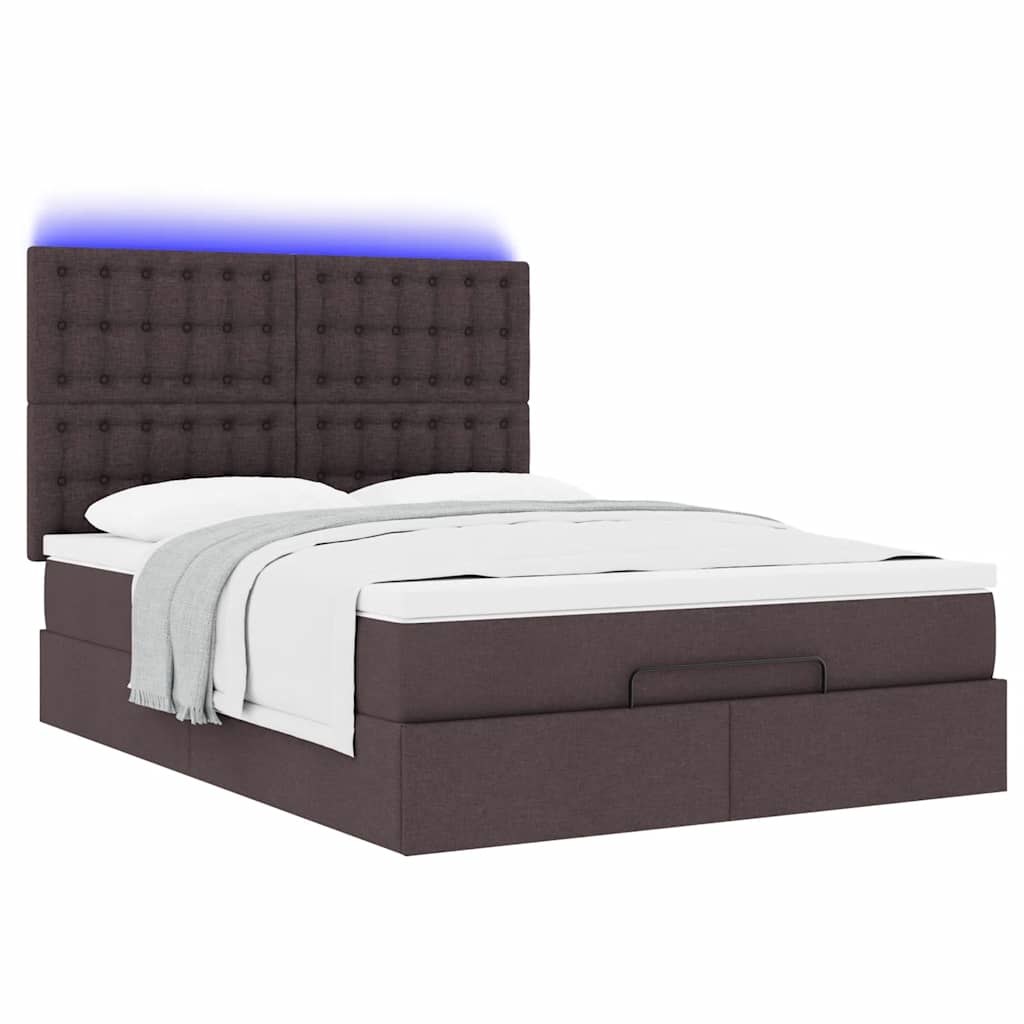 vidaXL Οθωμανικό κρεβάτι με στρώμα & LEDs Σκούρο καφέ 140x190cm Ύφασμα