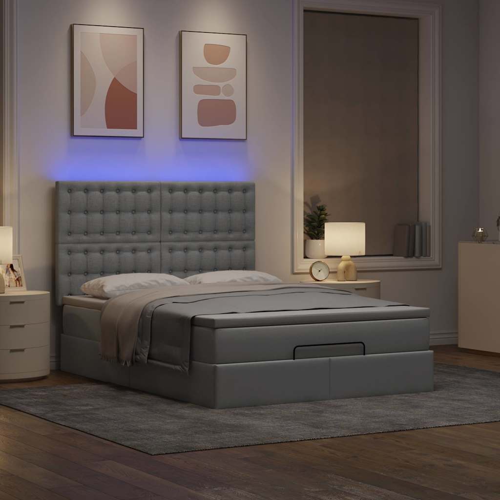 vidaXL Οθωμανικό κρεβάτι με στρώμα & LEDs Ανοιχτό γκρι ύφασμα