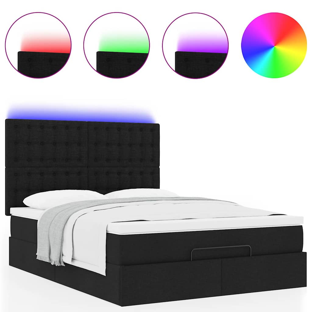 vidaXL Οθωμανικό κρεβάτι με στρώμα & LEDs Μαύρο 140x200 cm Ύφασμα