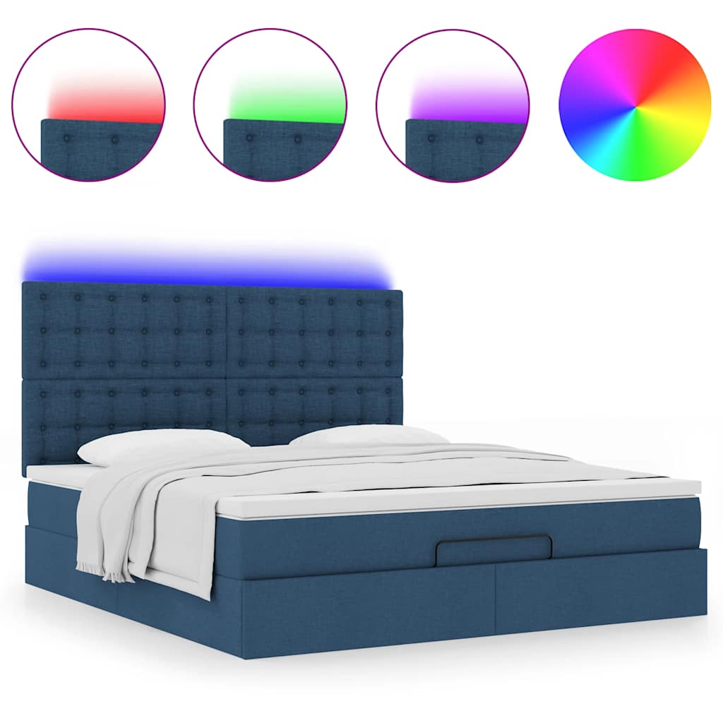 vidaXL Οθωμανικό κρεβάτι με στρώμα & LEDs Μπλε 160x200cm ύφασμα