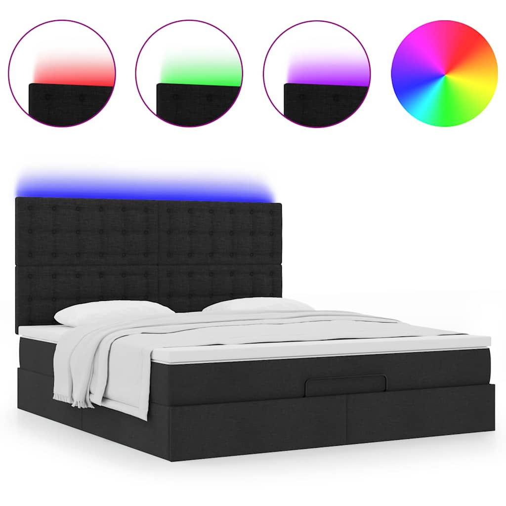 vidaXL Οθωμανικό κρεβάτι με στρώμα & LEDs Μαύρο ύφασμα 180x200cm