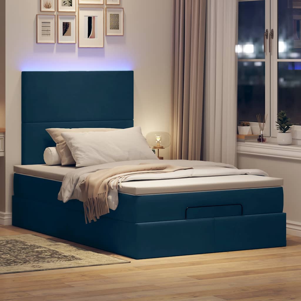 vidaXL Οθωμανικό κρεβάτι με στρώματα & LEDs Σκούρο μπλε Βελούδο