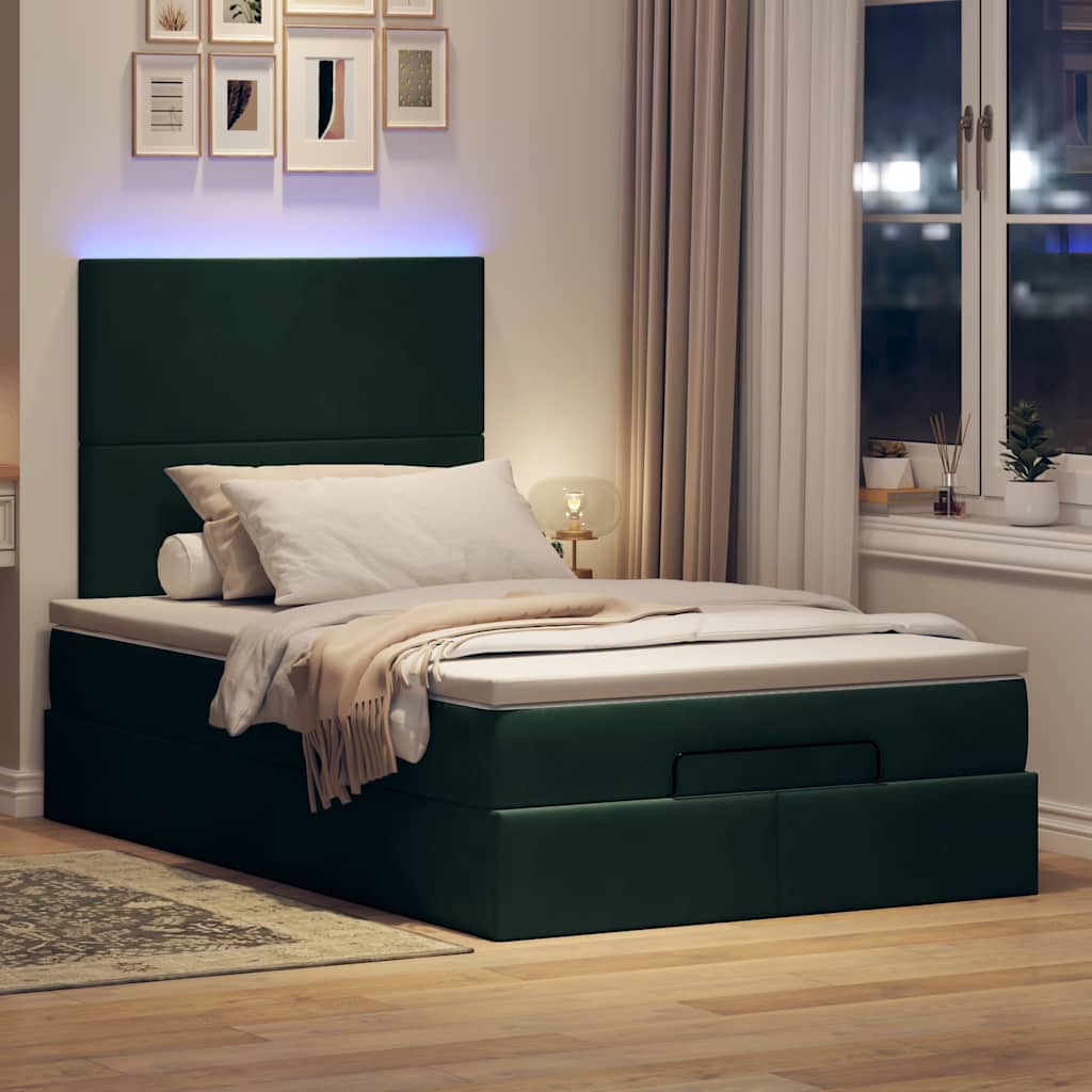 vidaXL Οθωμανικό κρεβάτι με στρώματα & LEDs Σκούρο πράσινο Βελούδο