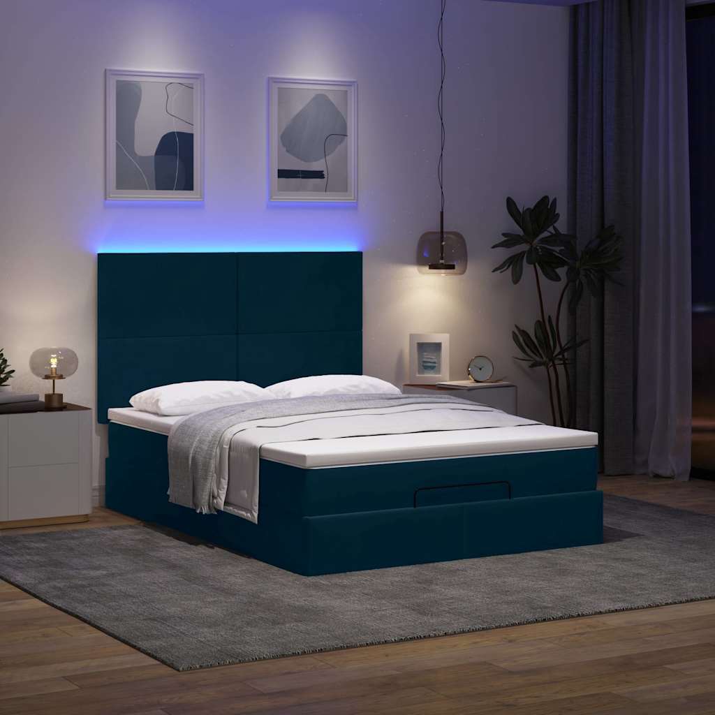 vidaXL Οθωμανικό κρεβάτι με στρώματα & LEDs Σκούρο μπλε Βελούδο