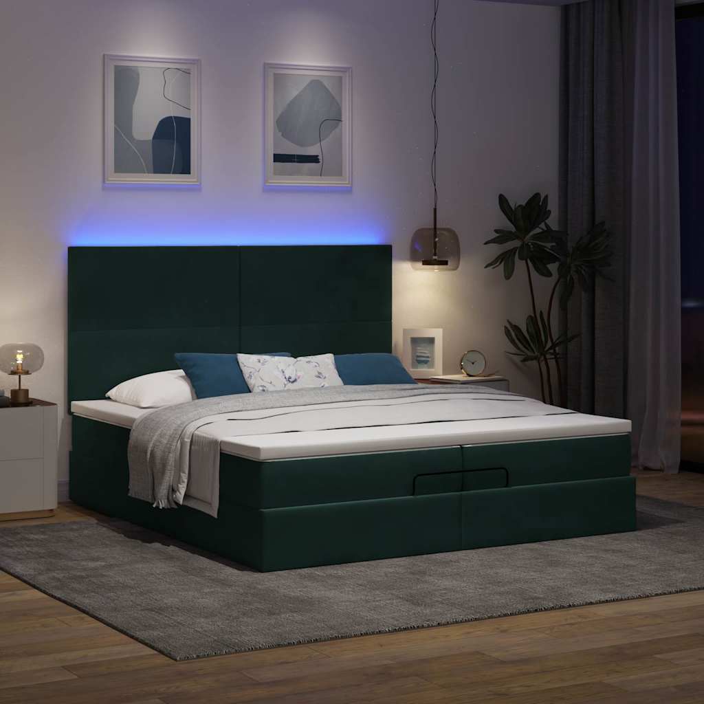 vidaXL Οθωμανικό κρεβάτι με στρώματα & LEDs Σκούρο πράσινο Βελούδο