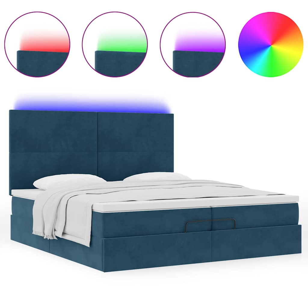 vidaXL Οθωμανικό κρεβάτι με στρώματα & LEDs Σκούρο μπλε Βελούδο
