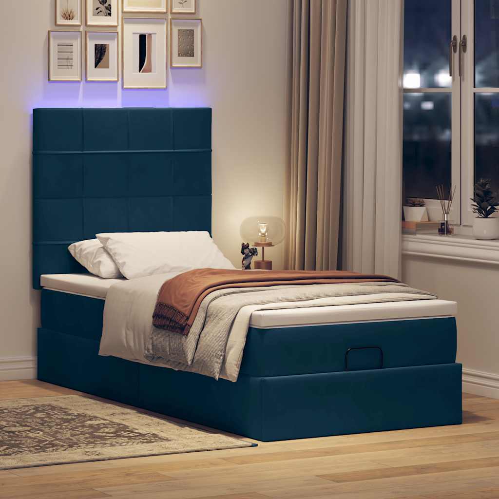 vidaXL Οθωμανικό κρεβάτι με στρώματα & LEDs Σκούρο μπλε Βελούδο