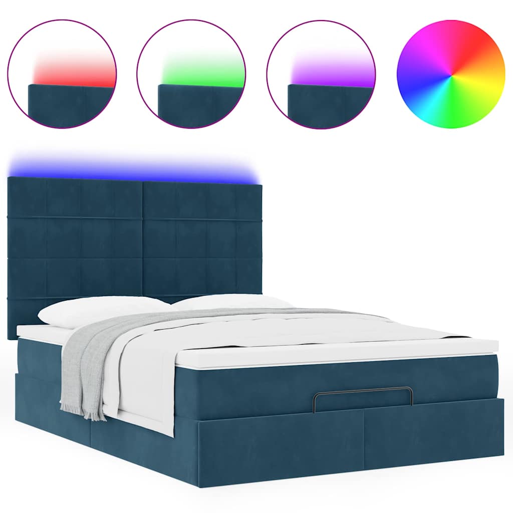 vidaXL Οθωμανικό κρεβάτι με στρώματα & LEDs Σκούρο μπλε Βελούδο
