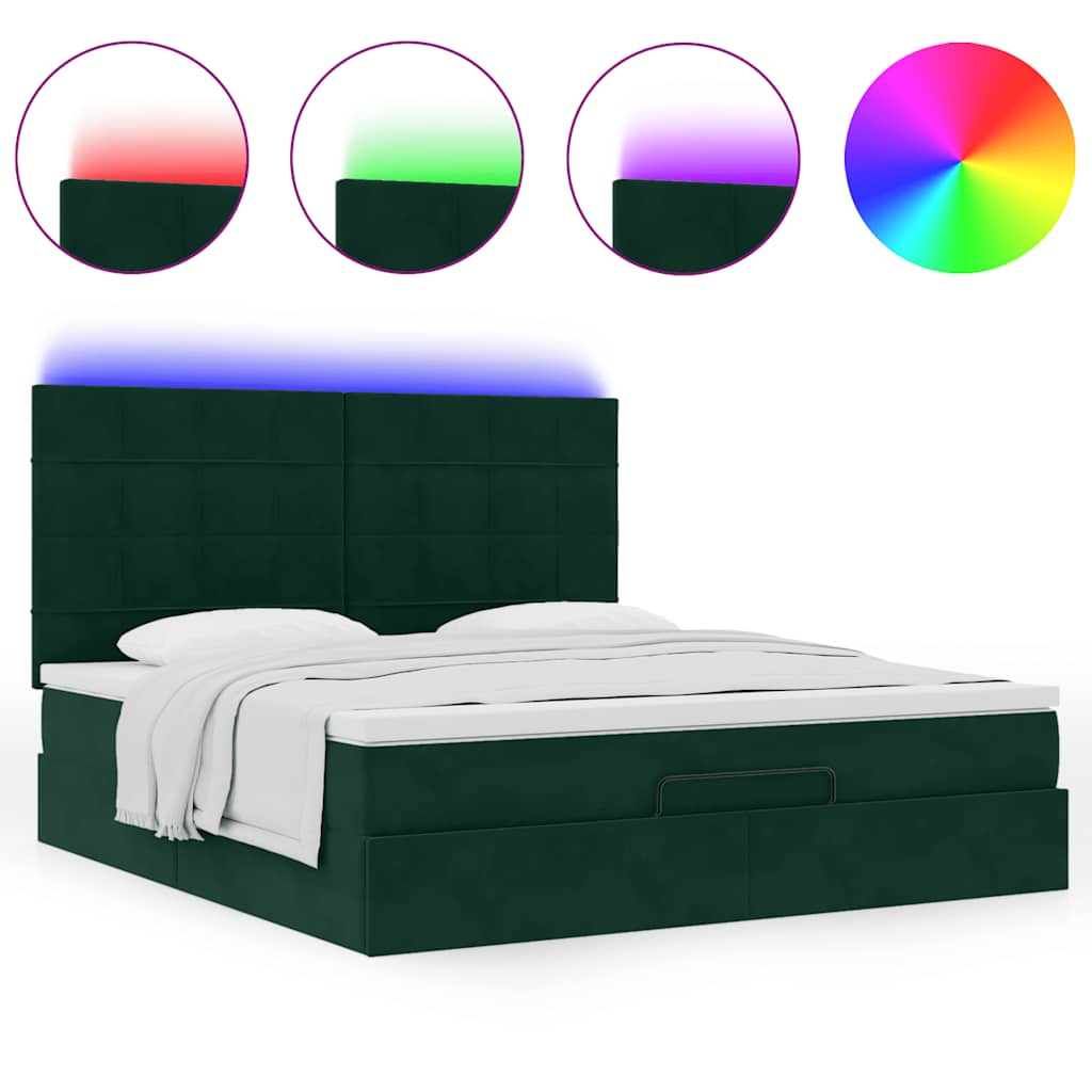 vidaXL Οθωμανικό κρεβάτι με στρώματα & LEDs Σκούρο πράσινο Βελούδο