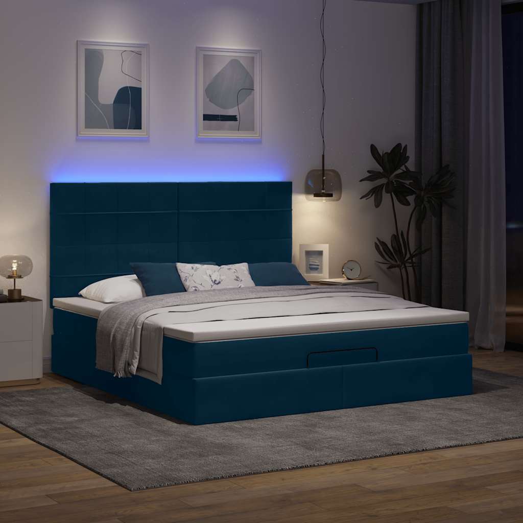 vidaXL Οθωμανικό κρεβάτι με στρώματα & LEDs Σκούρο μπλε Βελούδο