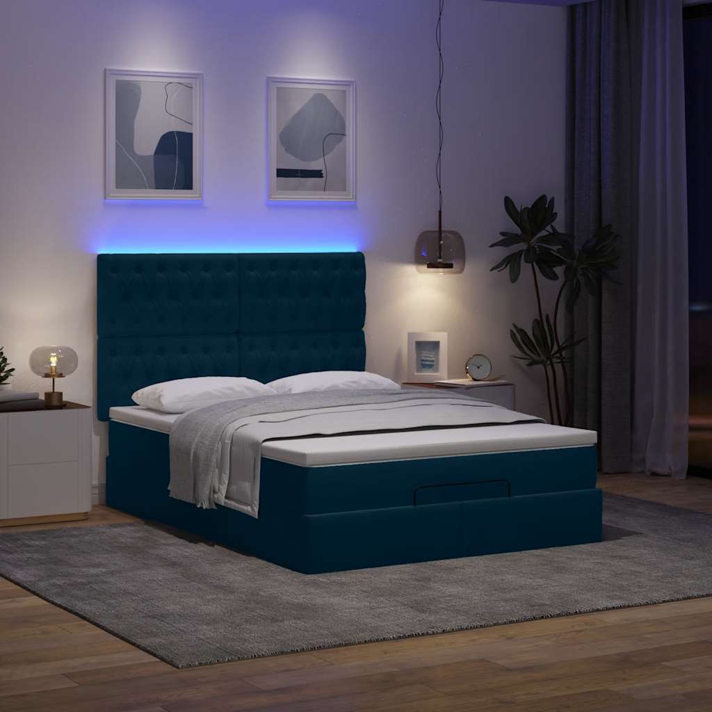 vidaXL Οθωμανικό κρεβάτι με στρώματα & LEDs Σκούρο μπλε Βελούδο