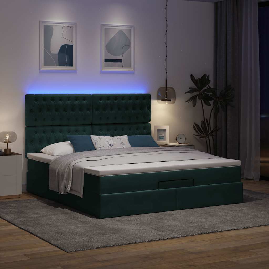 vidaXL Οθωμανικό κρεβάτι με στρώματα & LEDs Σκούρο πράσινο Βελούδο