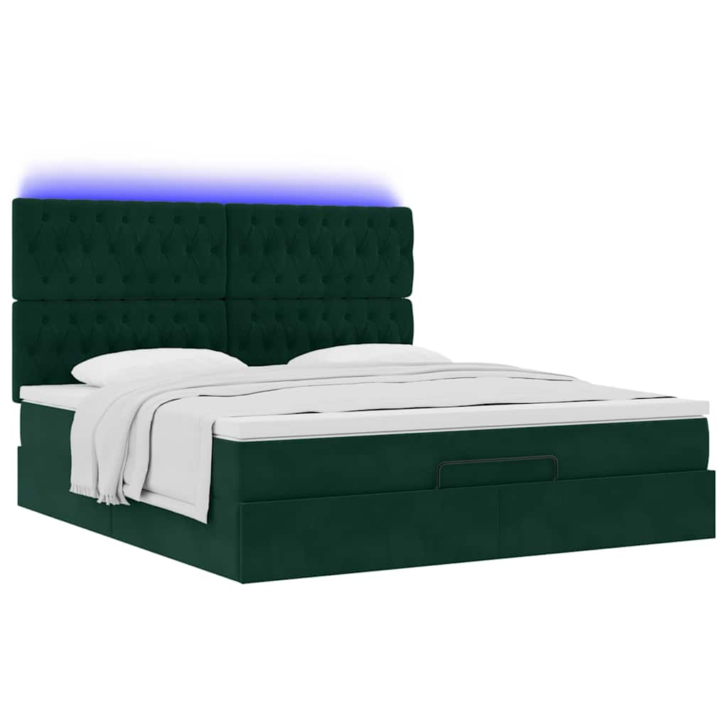 vidaXL Οθωμανικό κρεβάτι με στρώματα & LEDs Σκούρο πράσινο Βελούδο