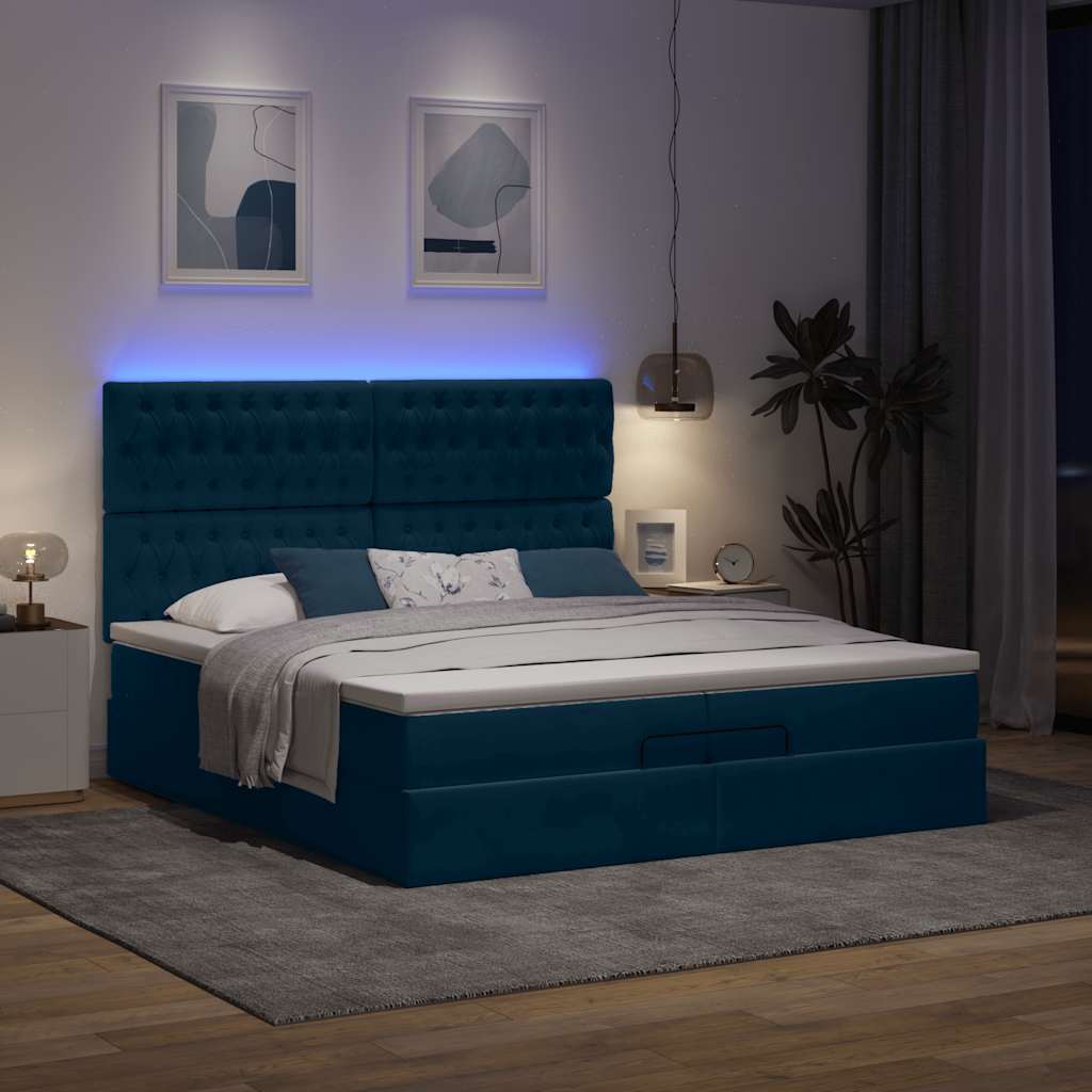 vidaXL Οθωμανικό κρεβάτι με στρώματα & LEDs Σκούρο μπλε Βελούδο