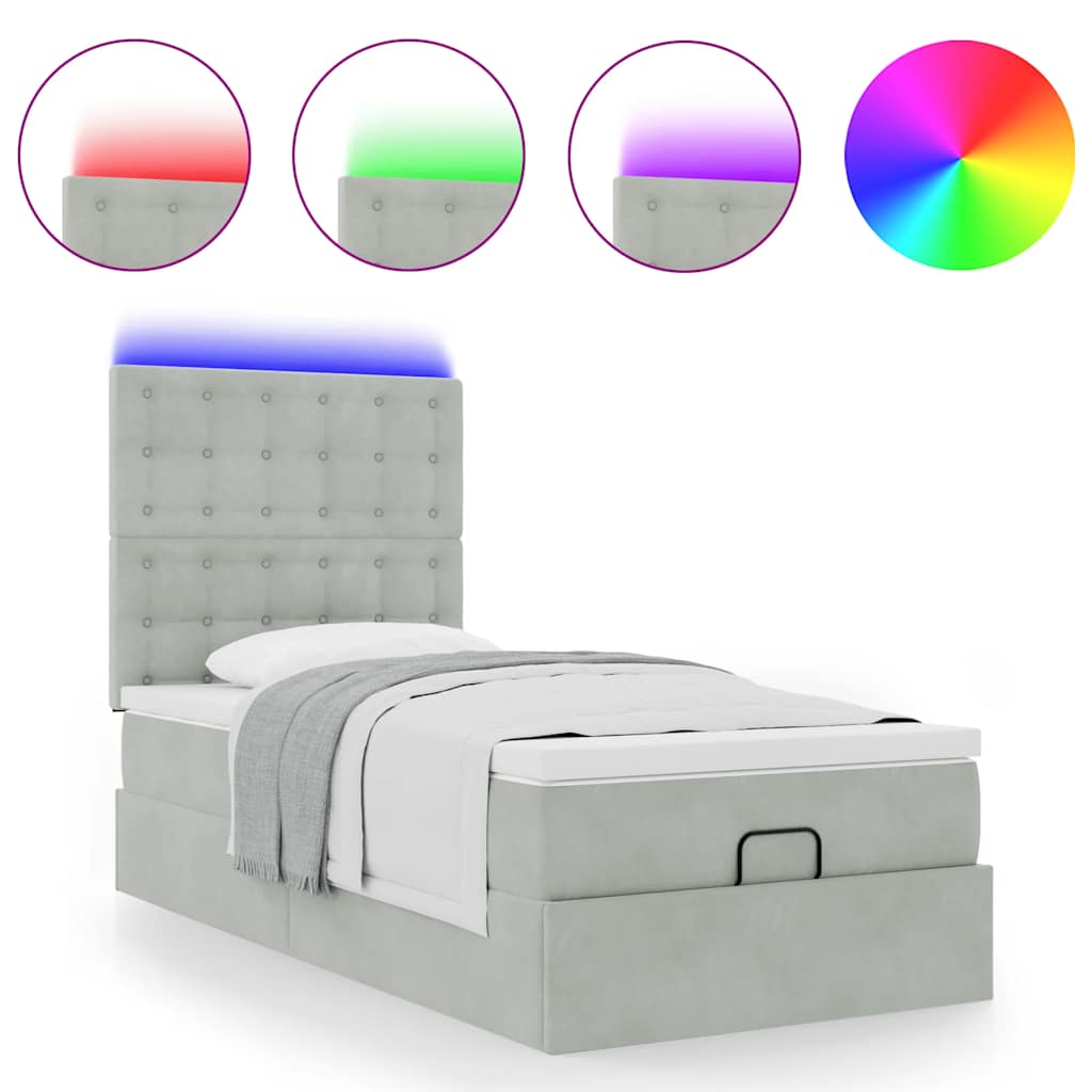 vidaXL Οθωμανικό κρεβάτι με στρώματα & LEDs Ανοιχτό γκρι Βελούδο