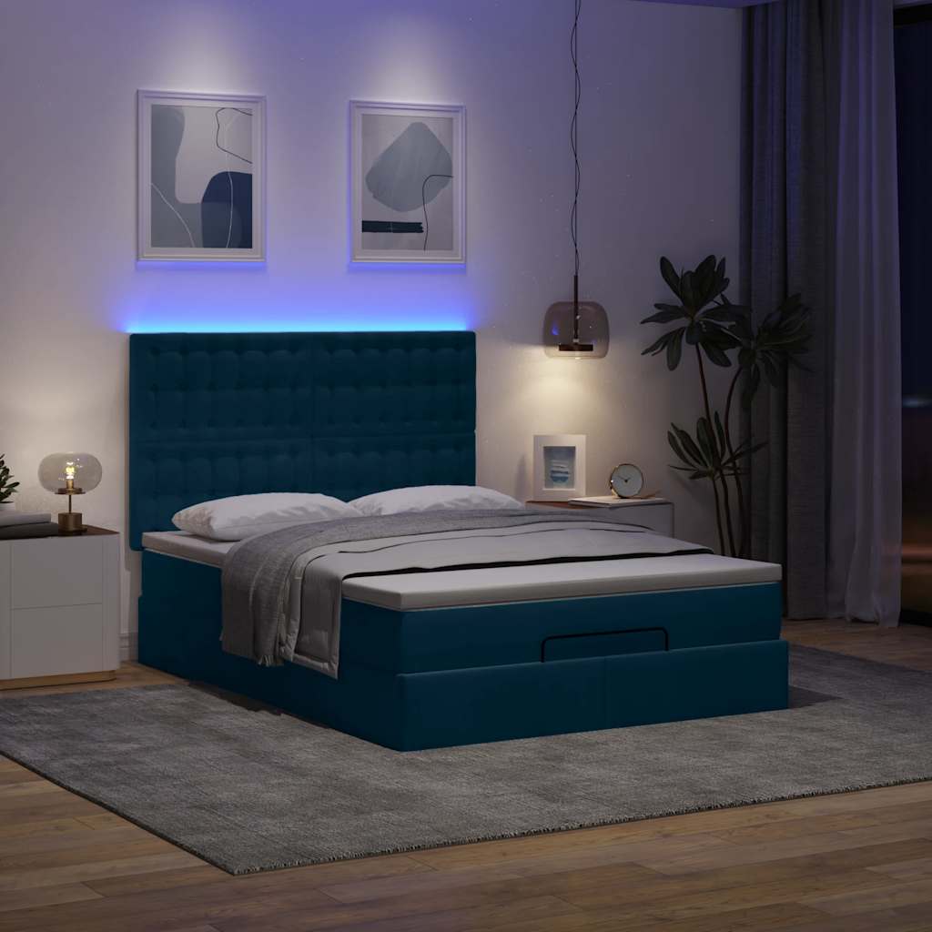 vidaXL Οθωμανικό κρεβάτι με στρώματα & LEDs Σκούρο μπλε Βελούδο