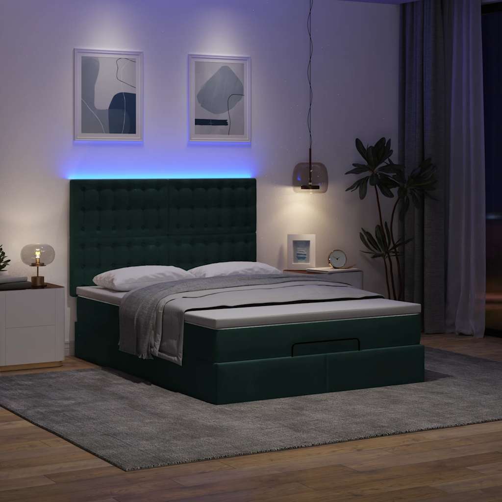 vidaXL Οθωμανικό κρεβάτι με στρώματα & LEDs Σκούρο πράσινο Βελούδο