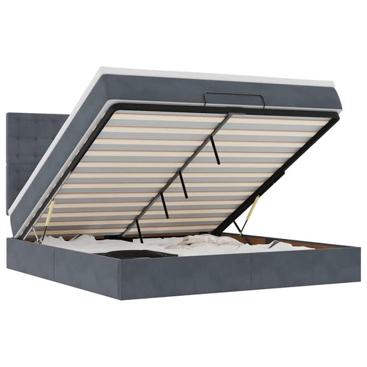 vidaXL Οθωμανικό κρεβάτι με στρώματα & LEDs Σκούρο γκρι Βελούδο