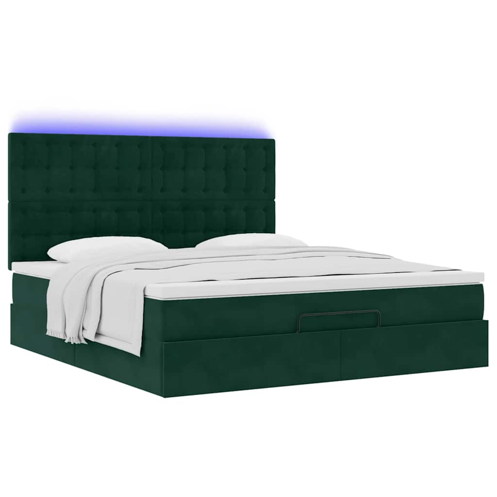 vidaXL Οθωμανικό κρεβάτι με στρώματα & LEDs Σκούρο πράσινο Βελούδο
