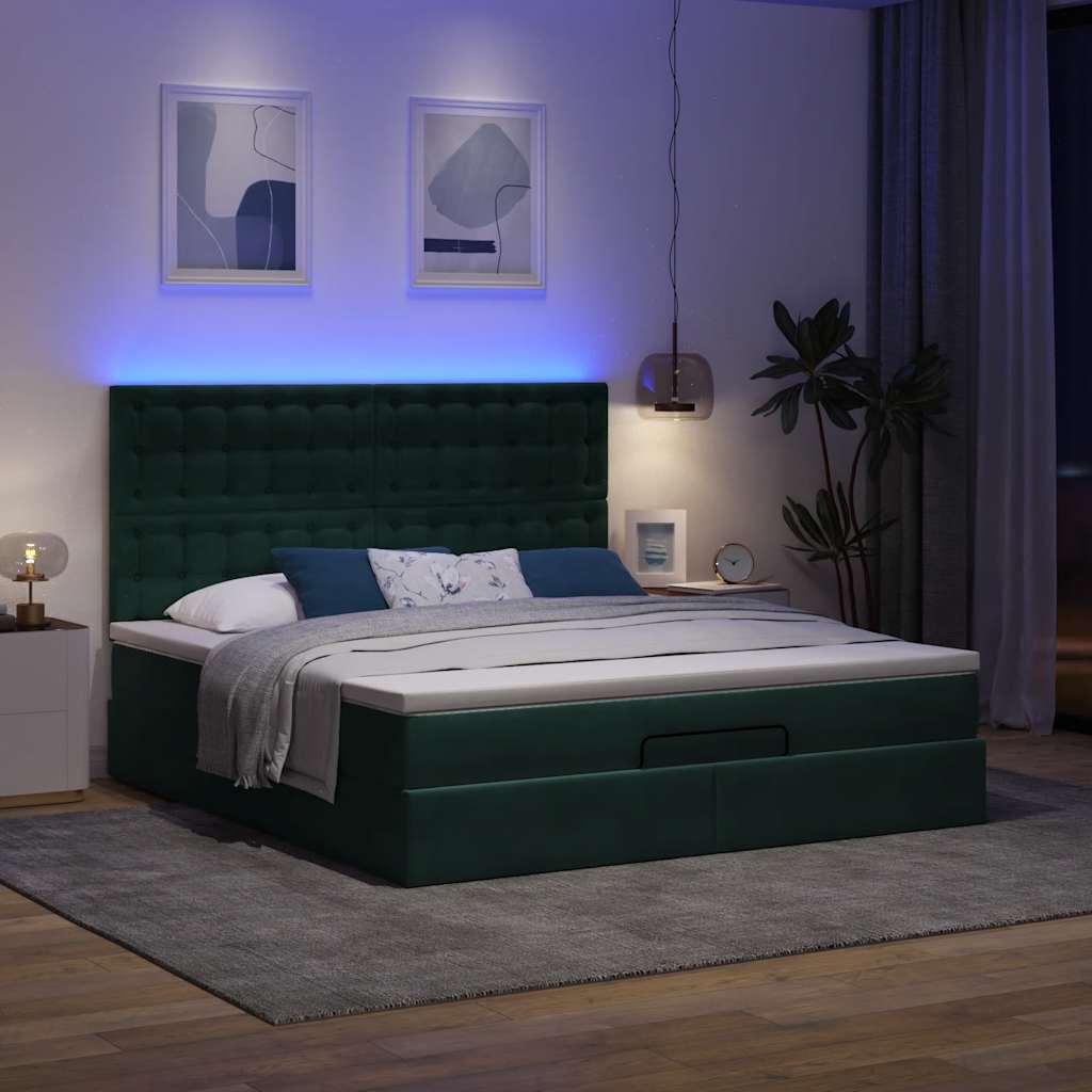 vidaXL Οθωμανικό κρεβάτι με στρώματα&LEDs Dark Green 180x200cm Velvet