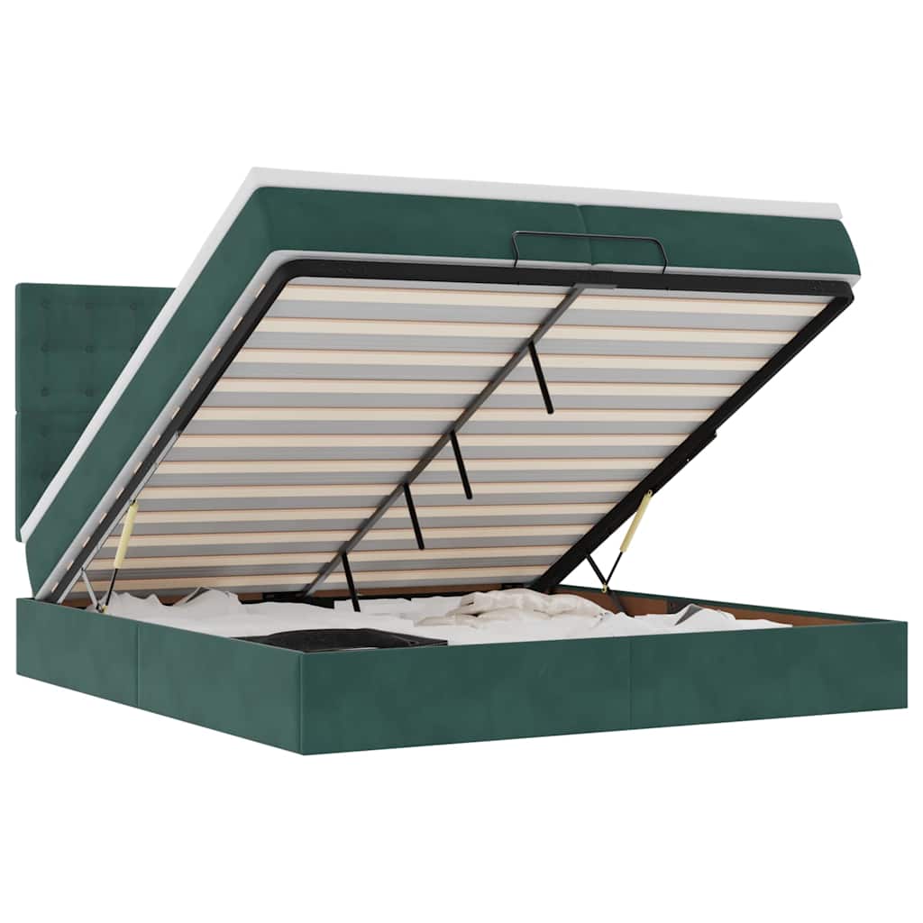 vidaXL Οθωμανικό κρεβάτι με στρώματα & LEDs Σκούρο πράσινο Βελούδο