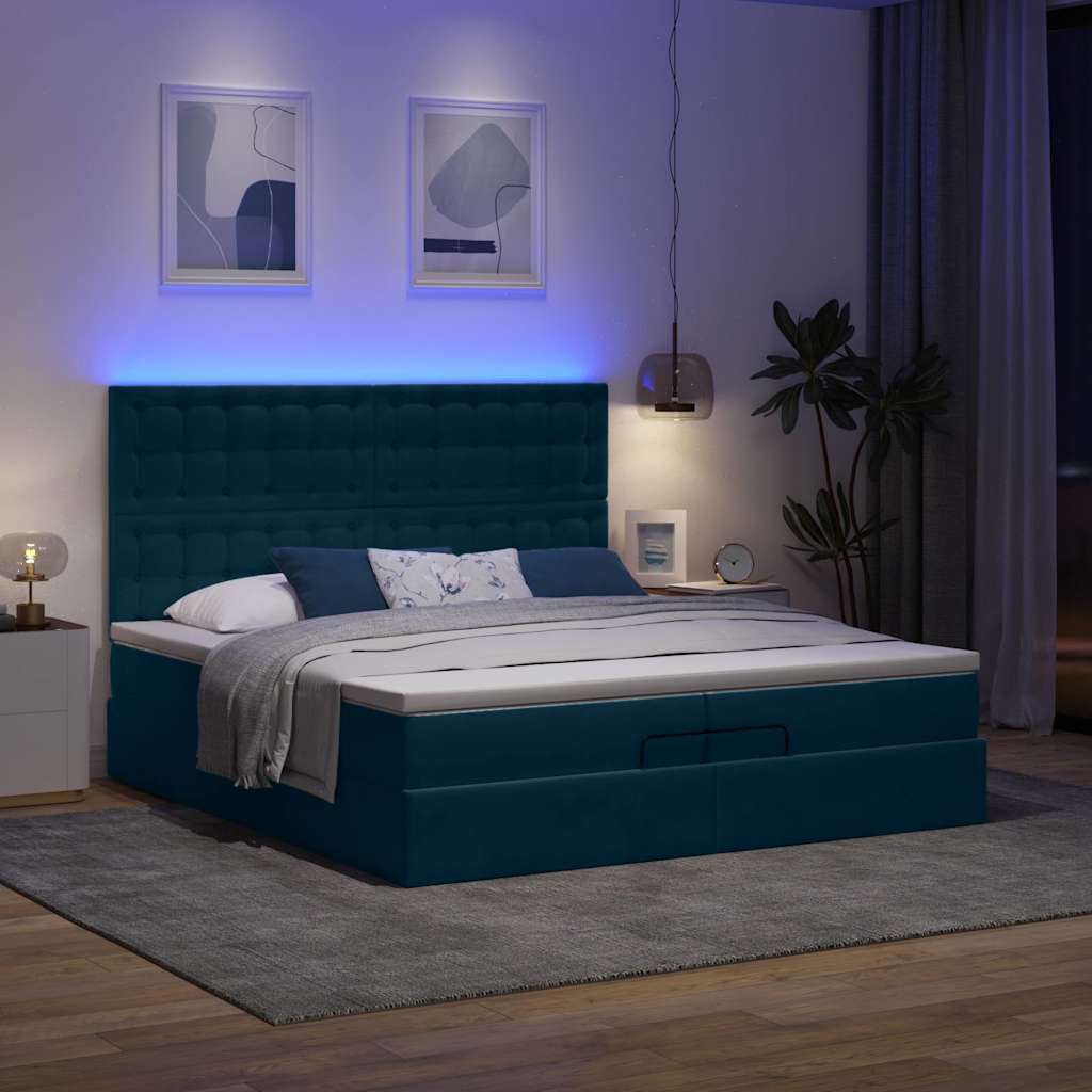 vidaXL Οθωμανικό κρεβάτι με στρώματα & LEDs Σκούρο μπλε Βελούδο