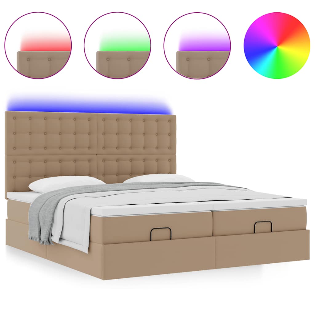 vidaXL Οθωμανικό κρεβάτι με στρώματα & LEDs Cappuccino Faux Leather