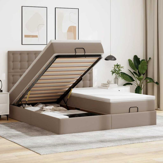 vidaXL Οθωμανικό κρεβάτι με στρώματα & LEDs Cappuccino Faux Leather