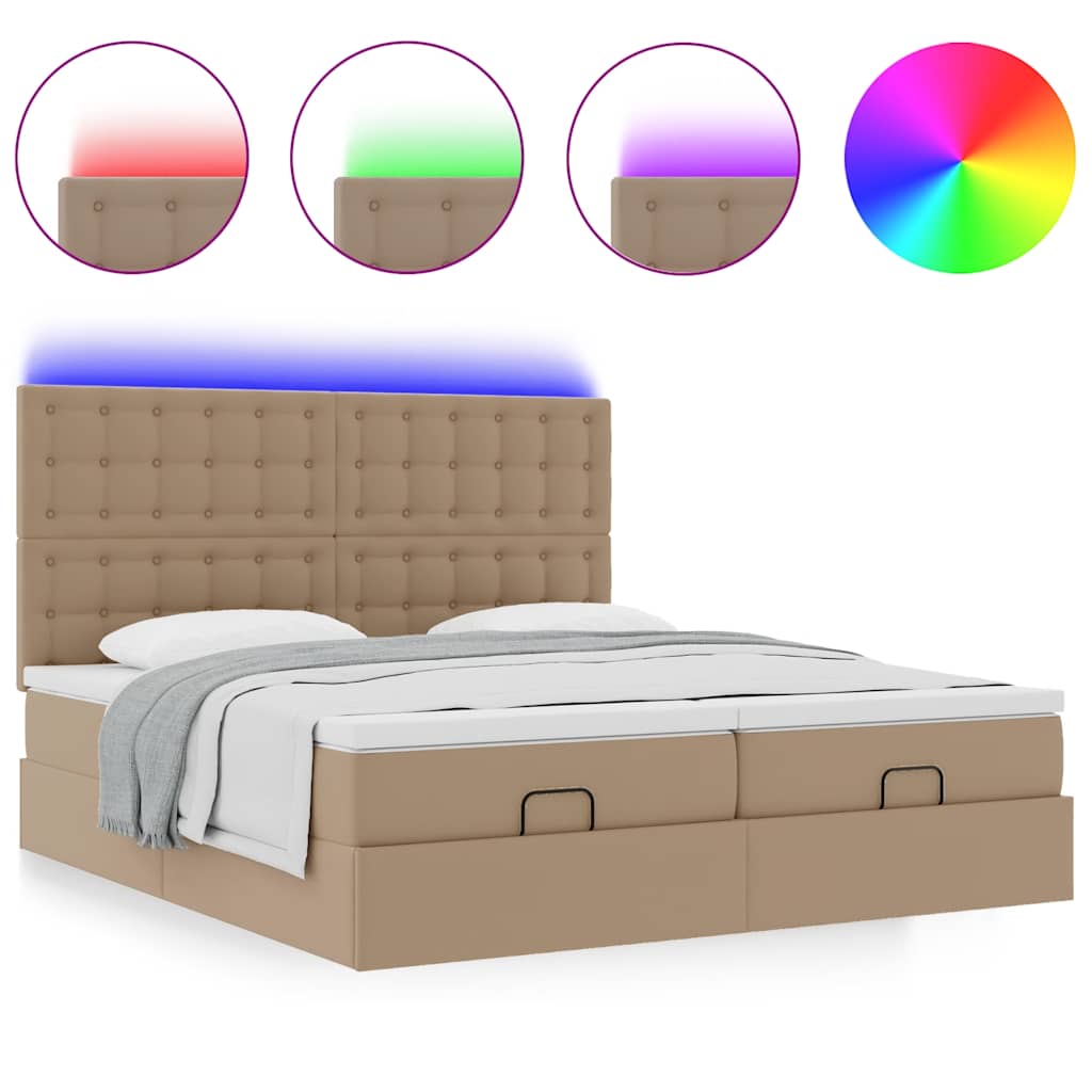 vidaXL Οθωμανικό κρεβάτι με στρώματα & LEDs Cappuccino Faux Leather