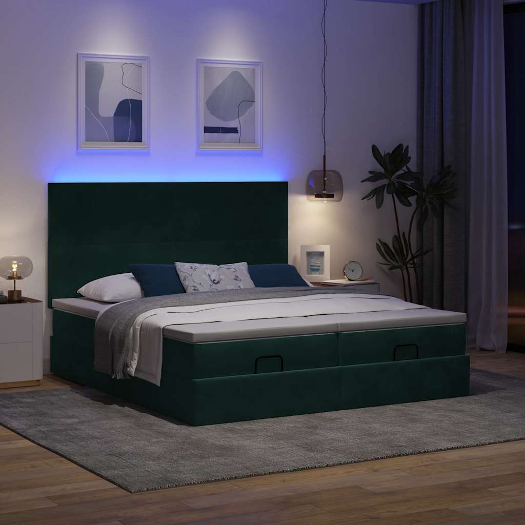 vidaXL Οθωμανικό κρεβάτι με στρώματα&LEDs Dark Green 180x200cm Velvet