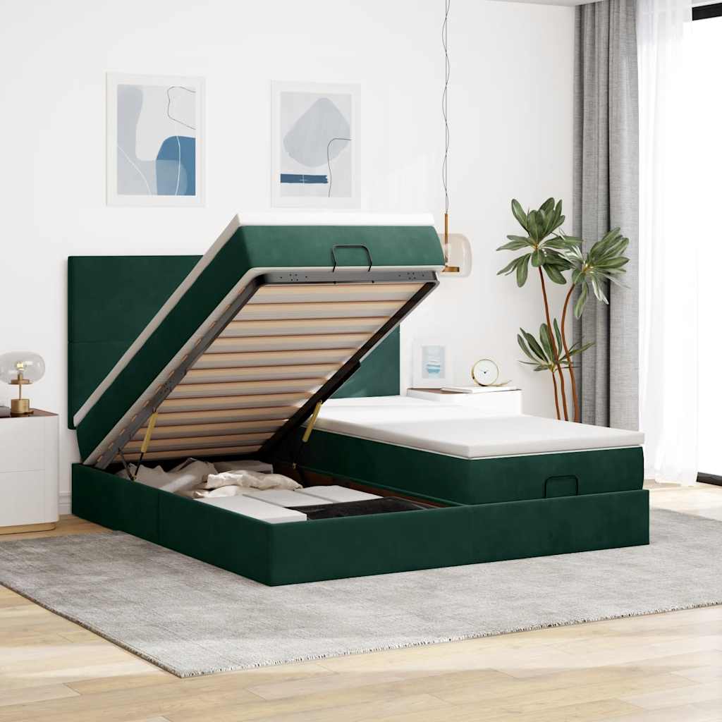 vidaXL Οθωμανικό κρεβάτι με στρώματα&LEDs Dark Green 180x200cm Velvet