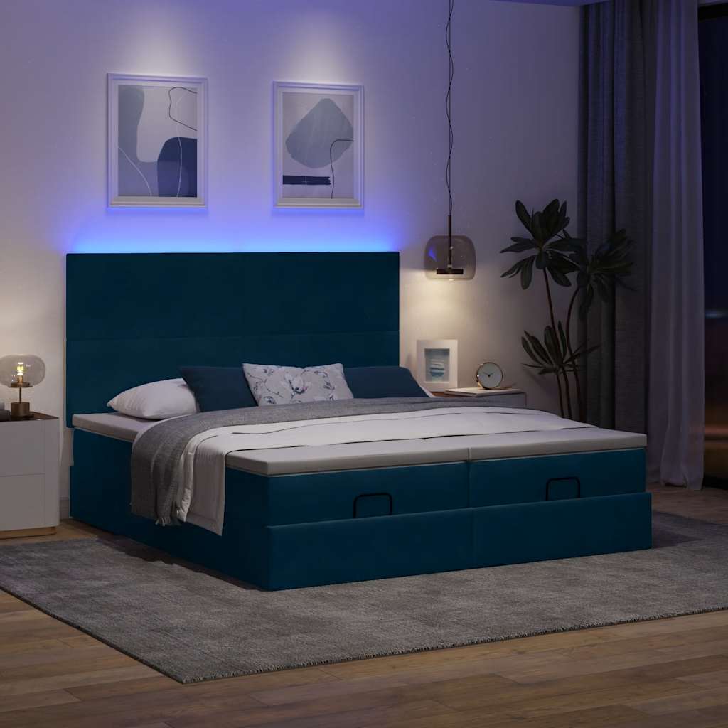 vidaXL Οθωμανικό κρεβάτι με στρώματα & LEDs Σκούρο μπλε Βελούδο