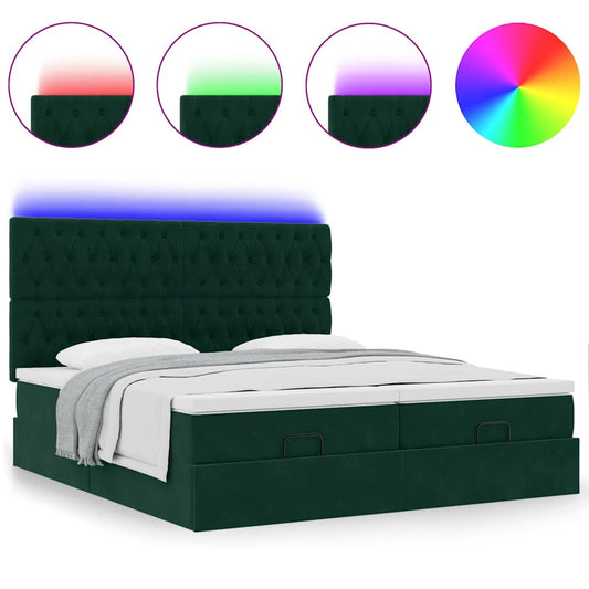 vidaXL Οθωμανικό κρεβάτι με στρώματα&LEDs Dark Green 180x200cm Velvet