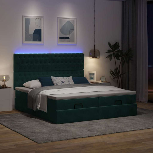 vidaXL Οθωμανικό κρεβάτι με στρώματα&LEDs Dark Green 180x200cm Velvet