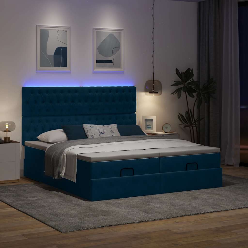 vidaXL Οθωμανικό κρεβάτι με στρώματα & LEDs Σκούρο μπλε Βελούδο