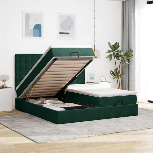 vidaXL Οθωμανικό κρεβάτι με στρώματα & LEDs Σκούρο πράσινο Βελούδο