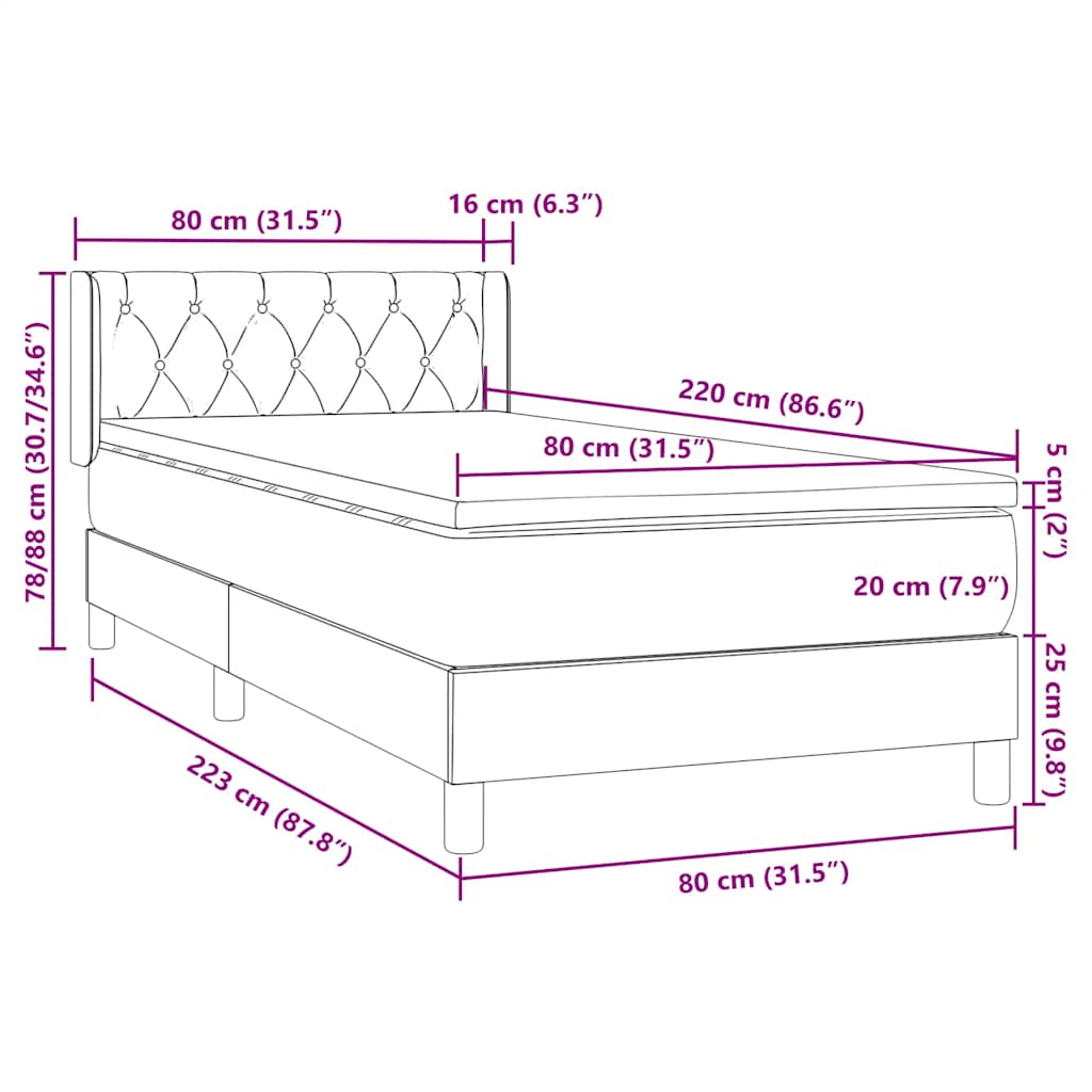vidaXL Box Spring Κρεβάτι με στρώμα Μαύρο 80x210 εκ. Βελούδινο