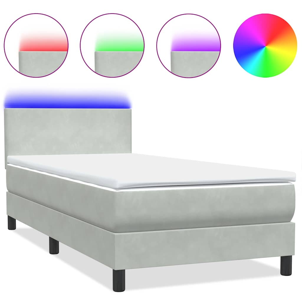 vidaXL Κρεβάτι Boxspring με Στρώμα & LED Ανοιχτό Γκρι 80x210 εκ. Βελούδινο