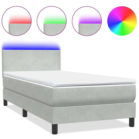 vidaXL Κρεβάτι Boxspring με Στρώμα & LED Ανοιχτό Γκρι 80x210 εκ. Βελούδινο