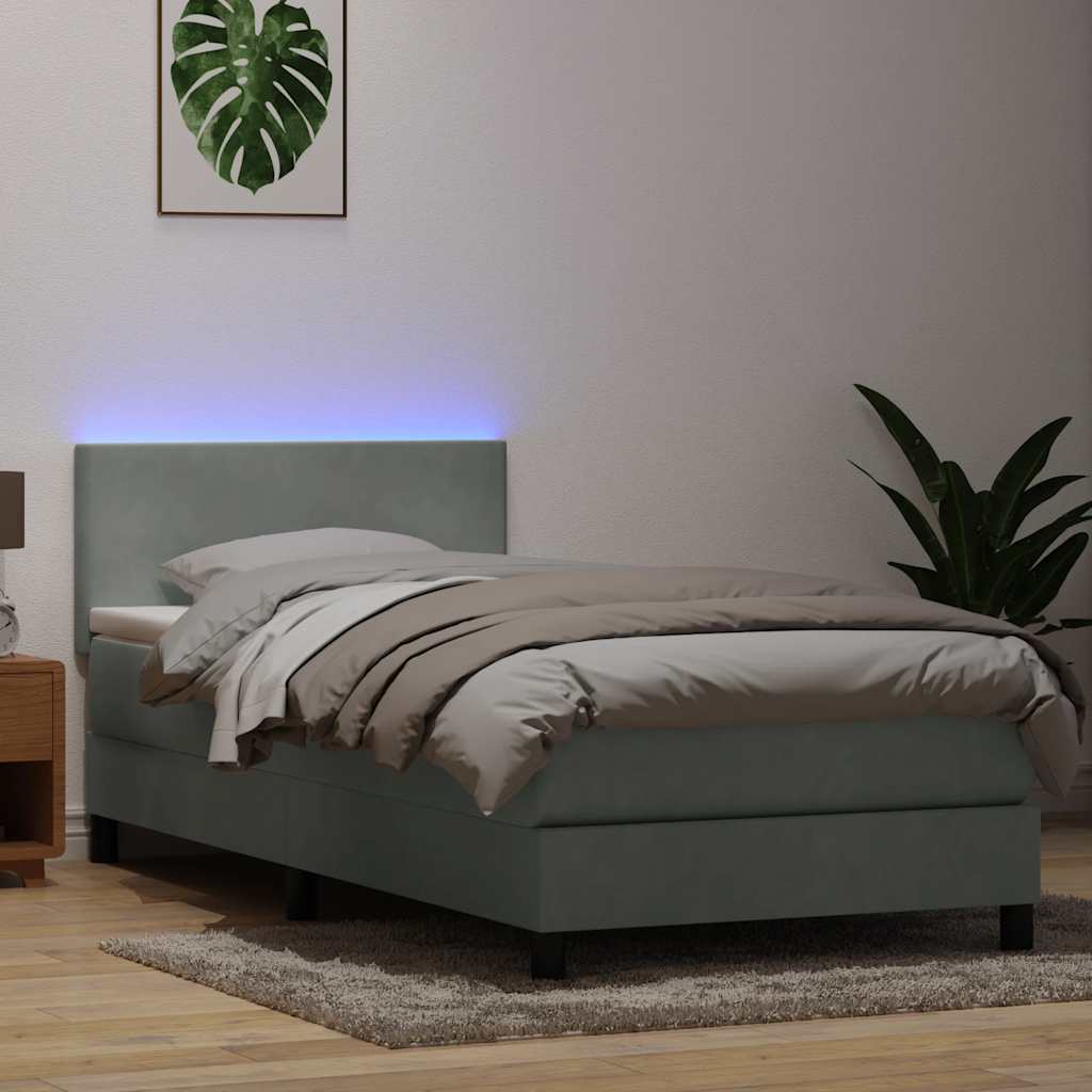 vidaXL Κρεβάτι Boxspring με Στρώμα & LED Ανοιχτό Γκρι 80x210 εκ. Βελούδινο
