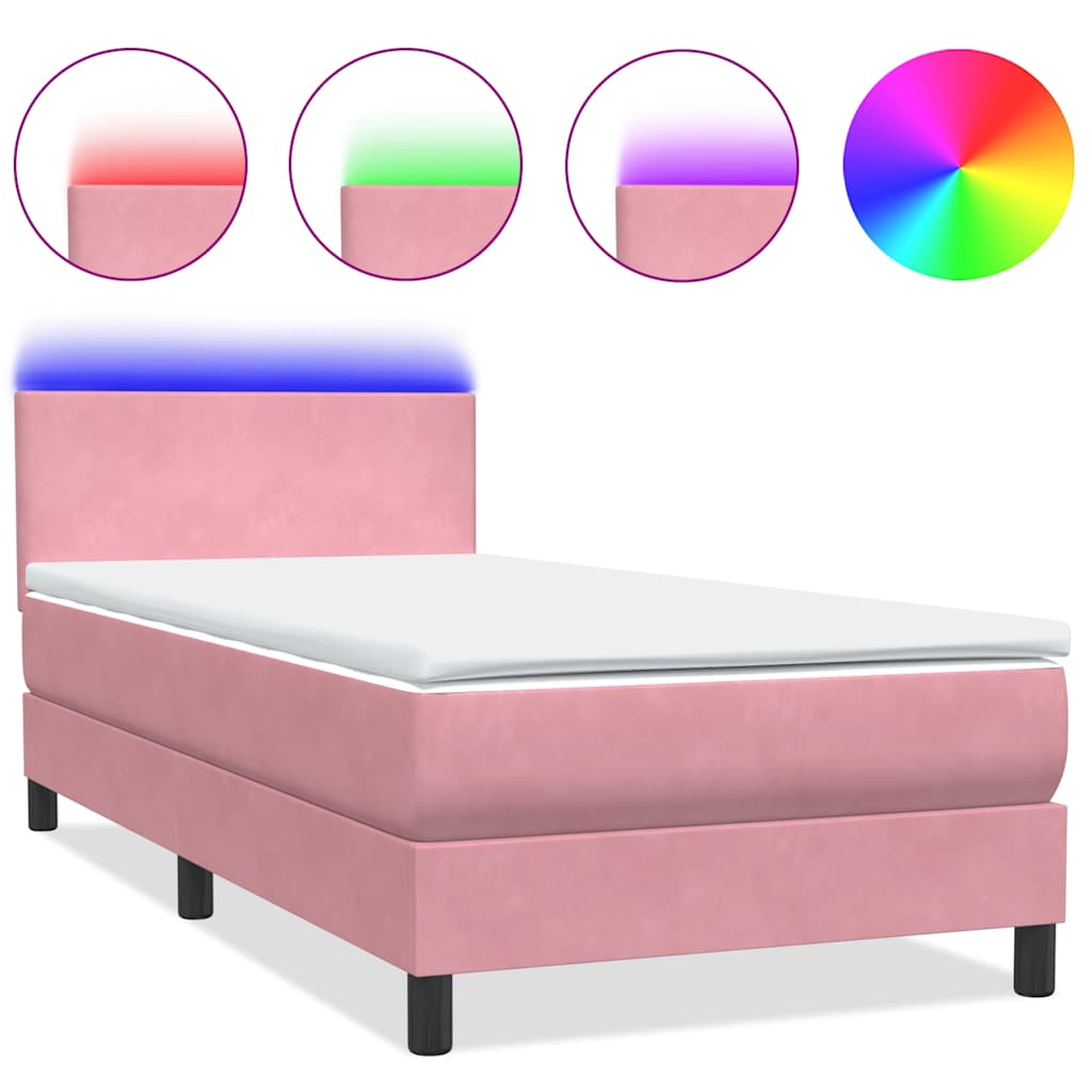 vidaXL Κρεβάτι Boxspring με Στρώμα & LED ροζ 90x210 εκ. Βελούδινο