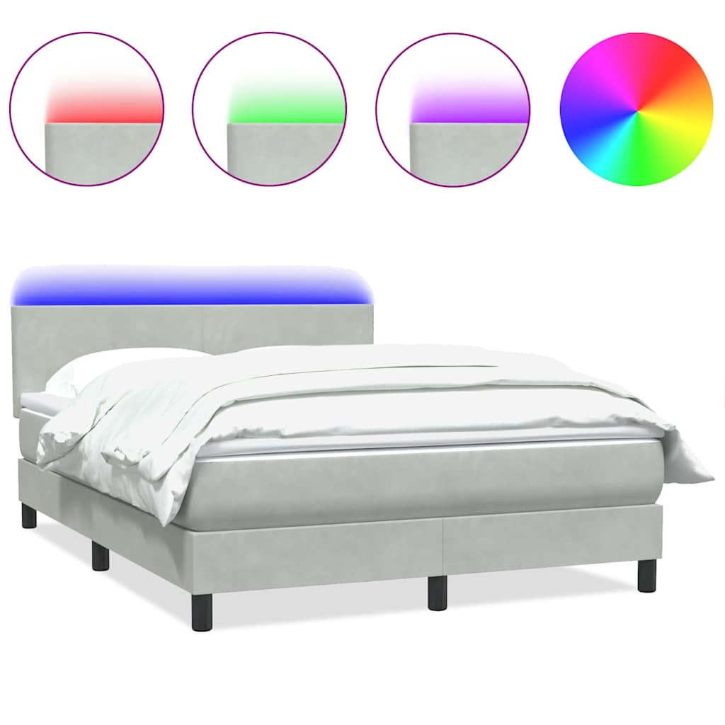 vidaXL Κρεβάτι Boxspring με Στρώμα & LED Ανοιχτό Γκρι 160x210 εκ. Βελούδινο