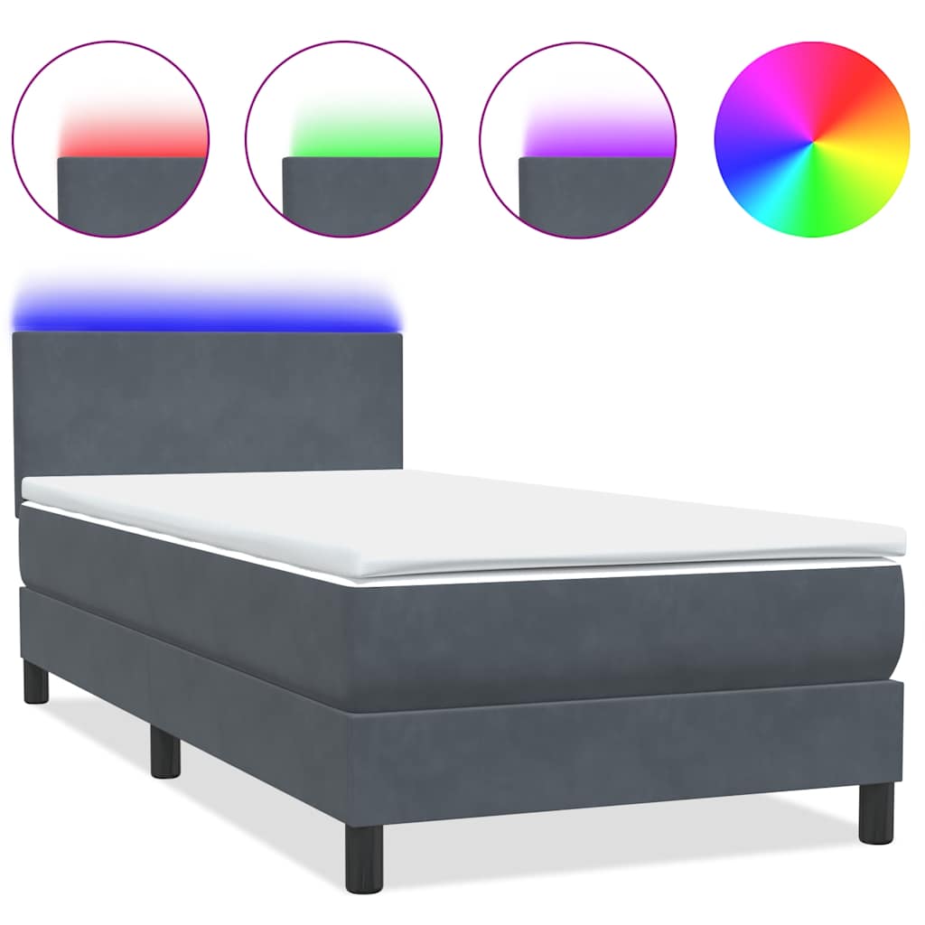 vidaXL Κρεβάτι Boxspring με Στρώμα & LED Σκούρο Γκρι 80x220 εκ. Βελούδινο