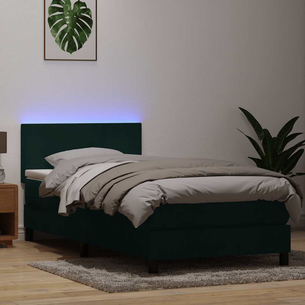 vidaXL Κρεβάτι Boxspring με Στρώμα & LED σκούρο πράσινο 80x220εκ. Βελούδινο