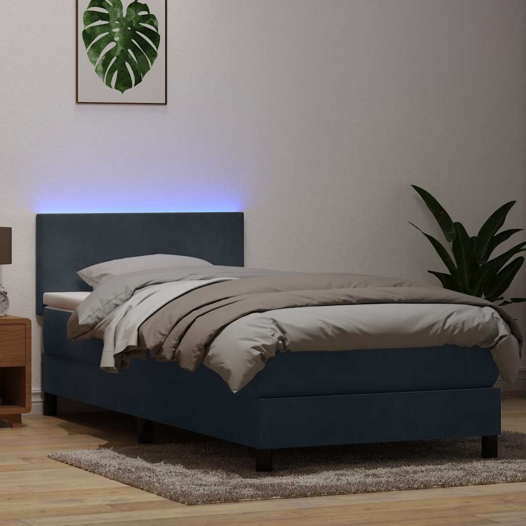 vidaXL Κρεβάτι Boxspring με Στρώμα & LED Σκούρο Γκρι 90x220 εκ. Βελούδινο