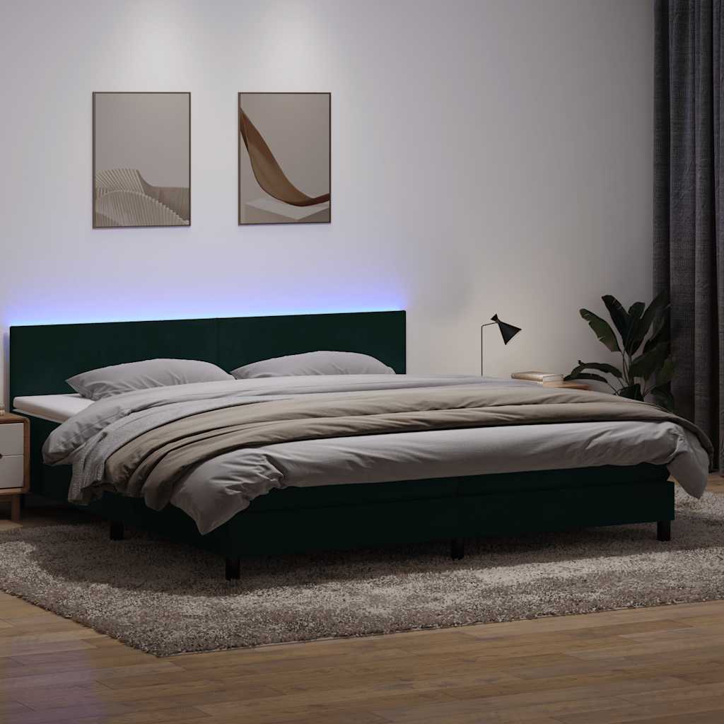 vidaXL Κρεβάτι Boxspring με Στρώμα & LED σκούρο πράσινο 180x220cm Βελούδινο
