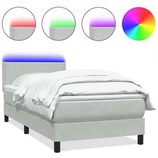 vidaXL Κρεβάτι Boxspring με Στρώμα & LED Ανοιχτό Γκρι 80x210 εκ. Βελούδινο