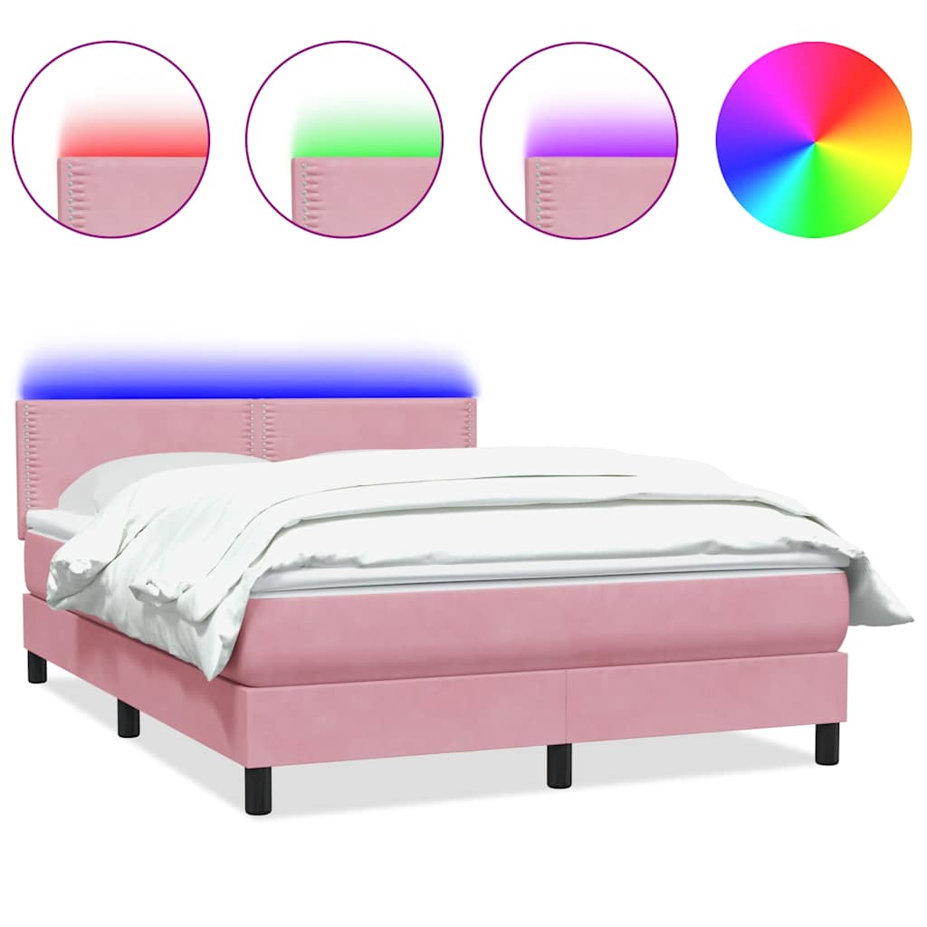 vidaXL Κρεβάτι Boxspring με Στρώμα & LED Ροζ 160x210 εκ. Βελούδινο