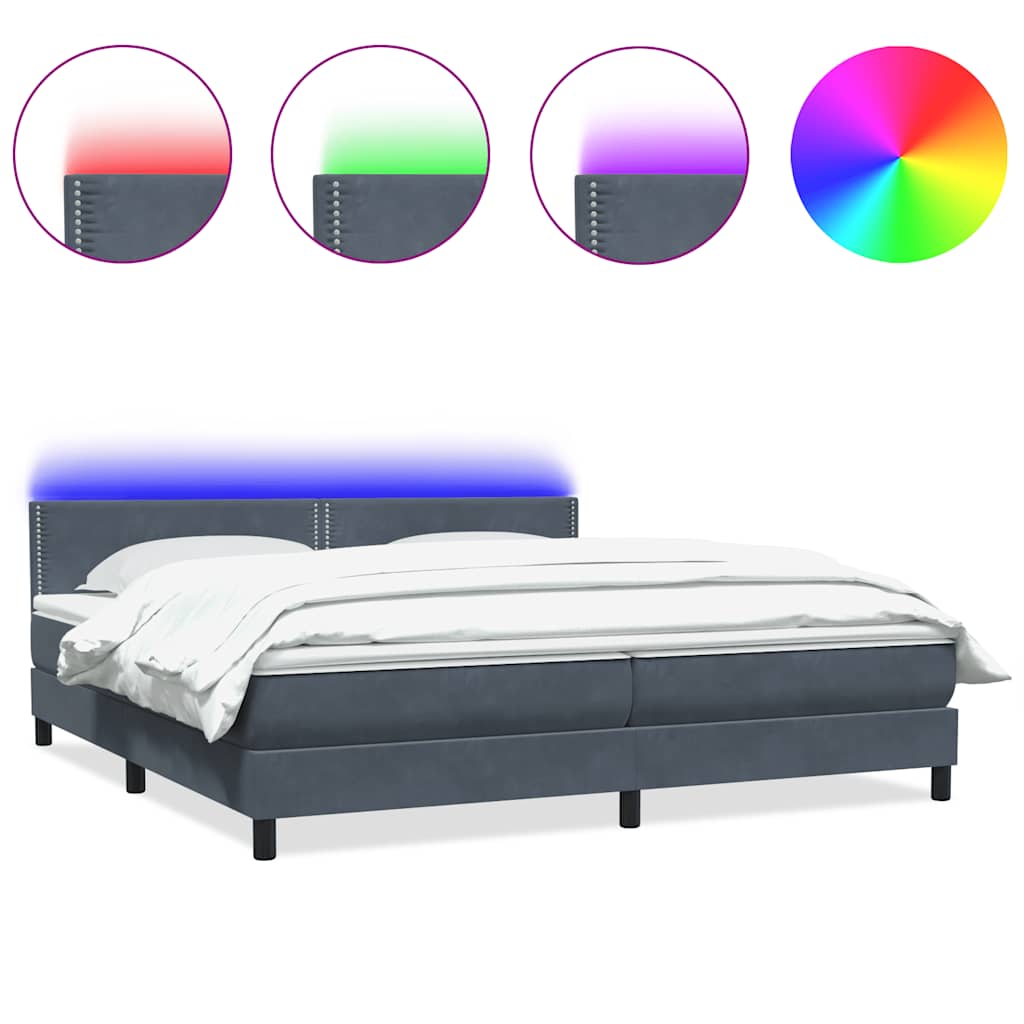 vidaXL Κρεβάτι Boxspring με Στρώμα & LED Σκούρο Γκρι 180x210 εκ. Βελούδινο